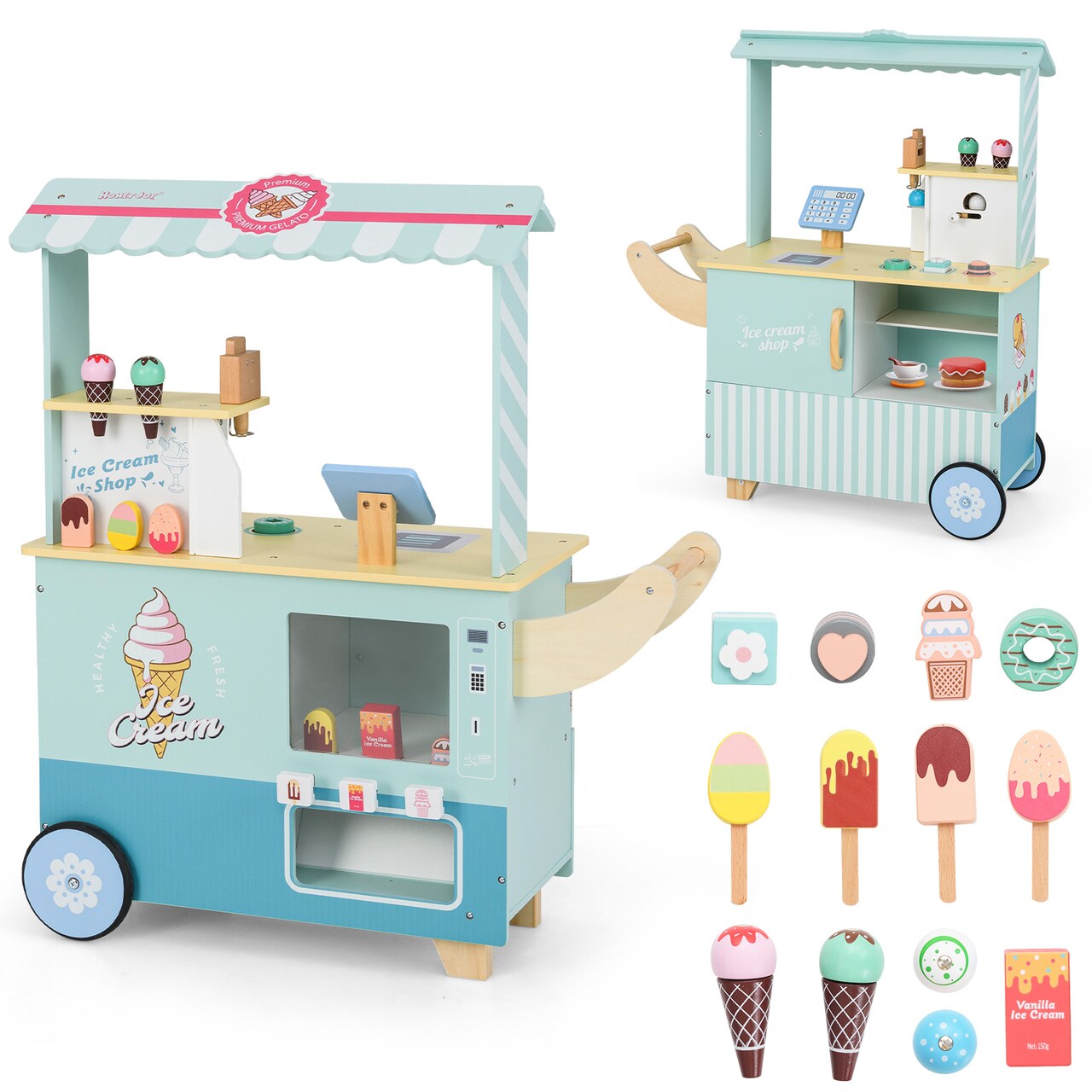 Colorful Wooden Ice Cream Truck Pretend Play Set for Toddlers with Vending Machine, Interactive Role-Playing Toy